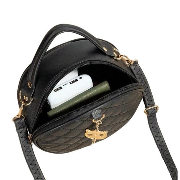 Quilted Faux Leather Top Handle Shoulder Crossbody Black Gold  Circle Handbag - Picture 4 of 5